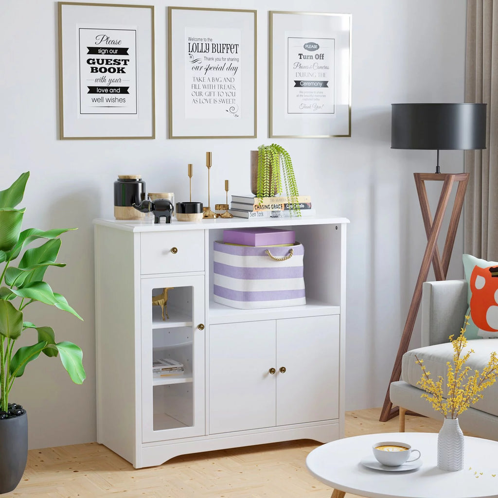 White Microwave Cabinet with Hutch and Adjustable Shelves and Drawer L617861