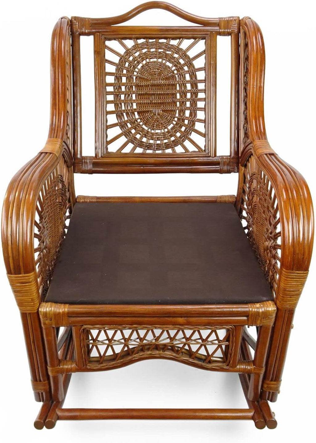 Natural Rattan Set of 2 Rocking Lounge Chairs with Light Brown Cushions and Round Coffee Table with Glass B162