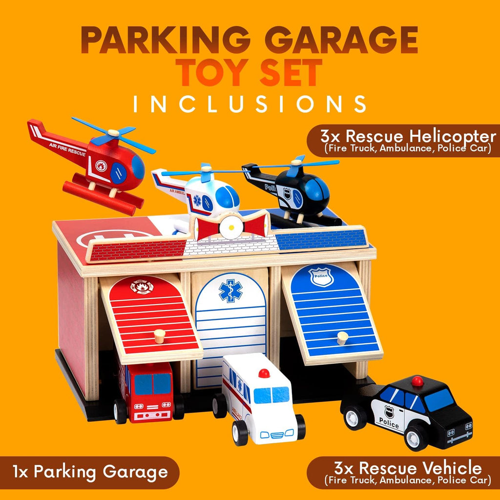 2-Level 3-Bay Parking Garage Toy Set with Fire Truck, Ambulance, Police Car, and 3 Rescue Helicopters Y312
