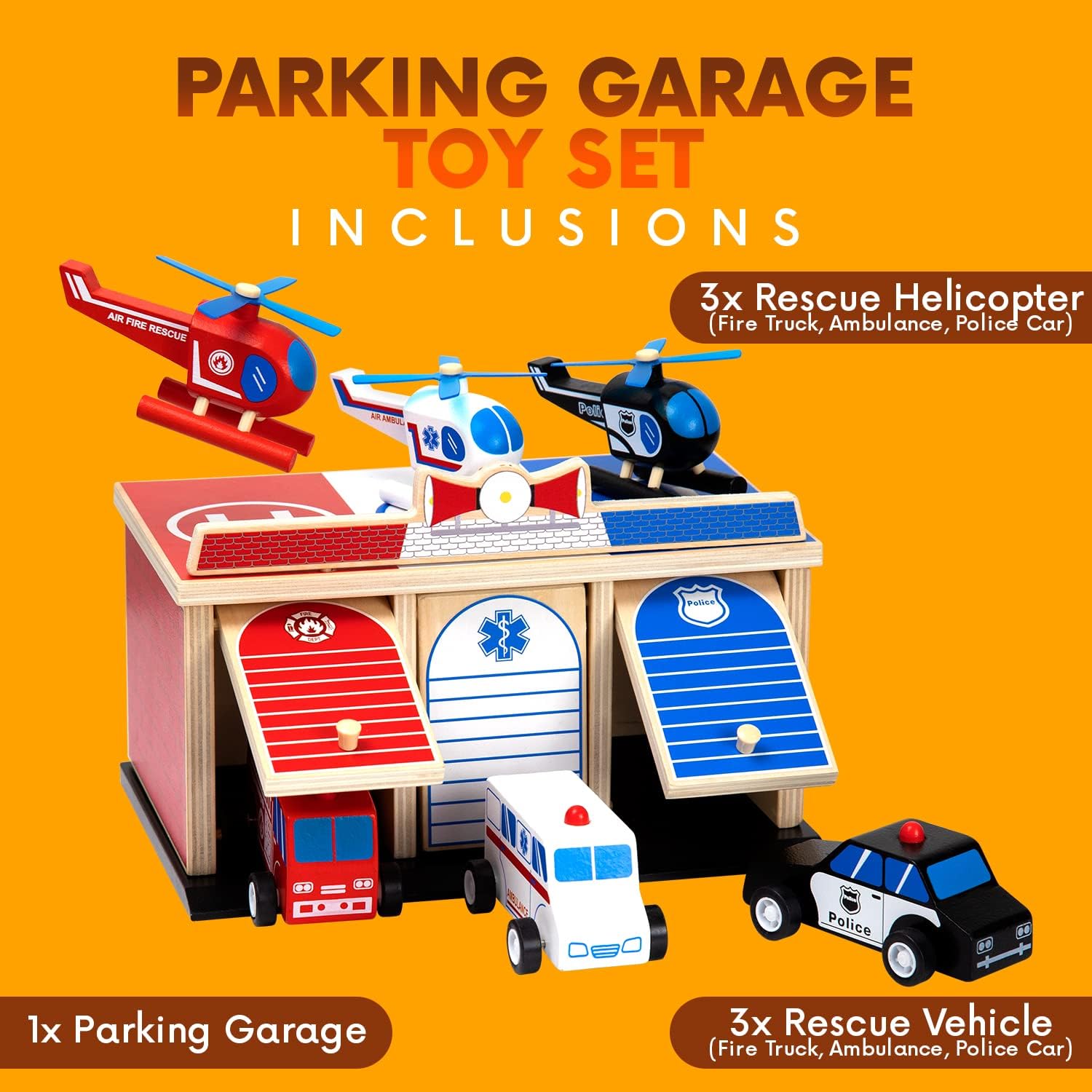 2-Level 3-Bay Parking Garage Toy Set with Fire Truck, Ambulance, Police Car, and 3 Rescue Helicopters Y312