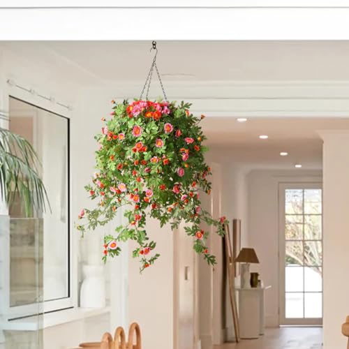 4 Pack Artificial Hanging Flowers with Basket, Silk Chrysanthemum Flowers, Purple Red H261627