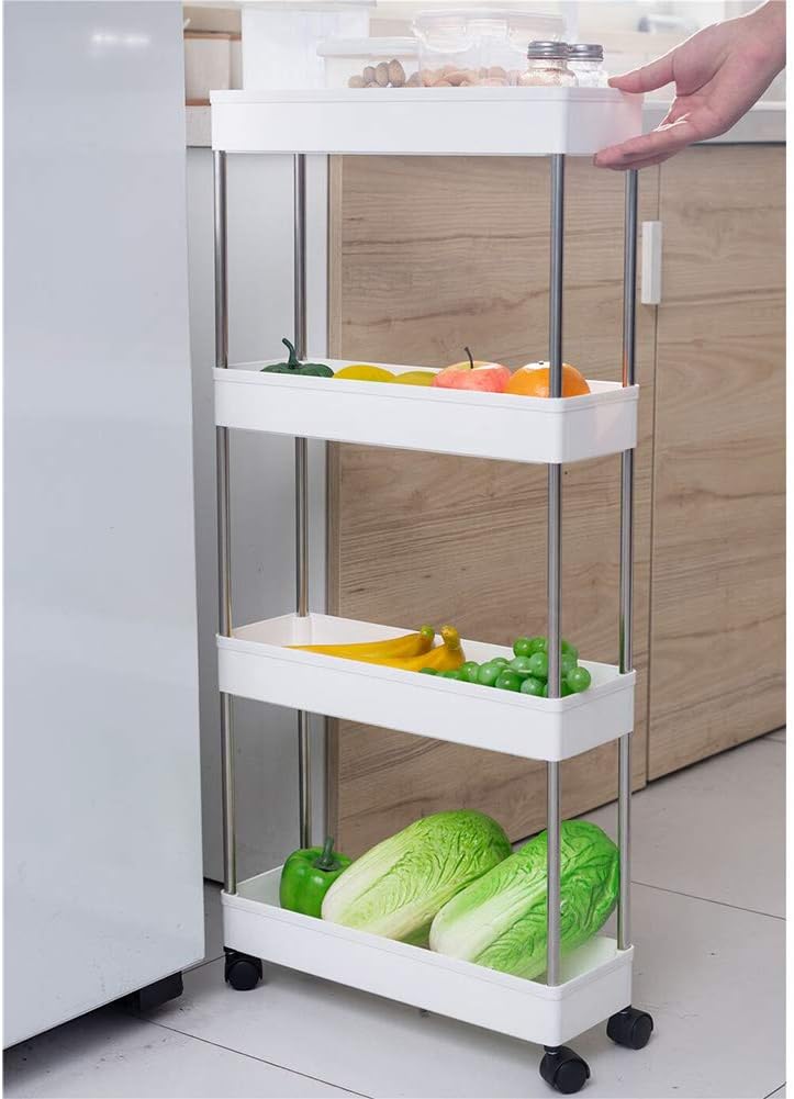 4 Tier Narrow Sliding Storage Organizer Rack Rolling Cart (White) R2673