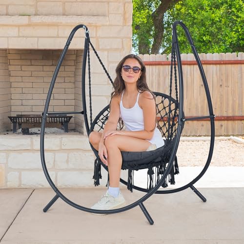 Macrame Hammock Chair with Stand, Heavy Duty Hanging Chair Stand, Includes Seat Cushion, Max 400 Lbs, Natural I447856