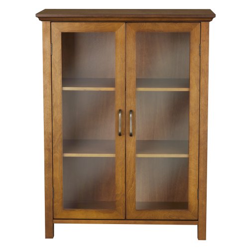 Oiled Oak Wooden Freestanding Floor Cabinet with 2 Adjustable Shelves and 2 Glass Paneled Doors Y13359