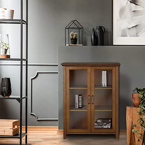 Oiled Oak Wooden Freestanding Floor Cabinet with 2 Adjustable Shelves and 2 Glass Paneled Doors Y13359