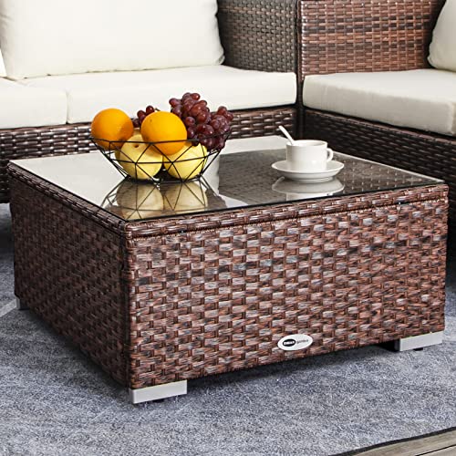 Outdoor Wicker Coffee Table with Glass Top, 25.2in Mixed Brown G58374