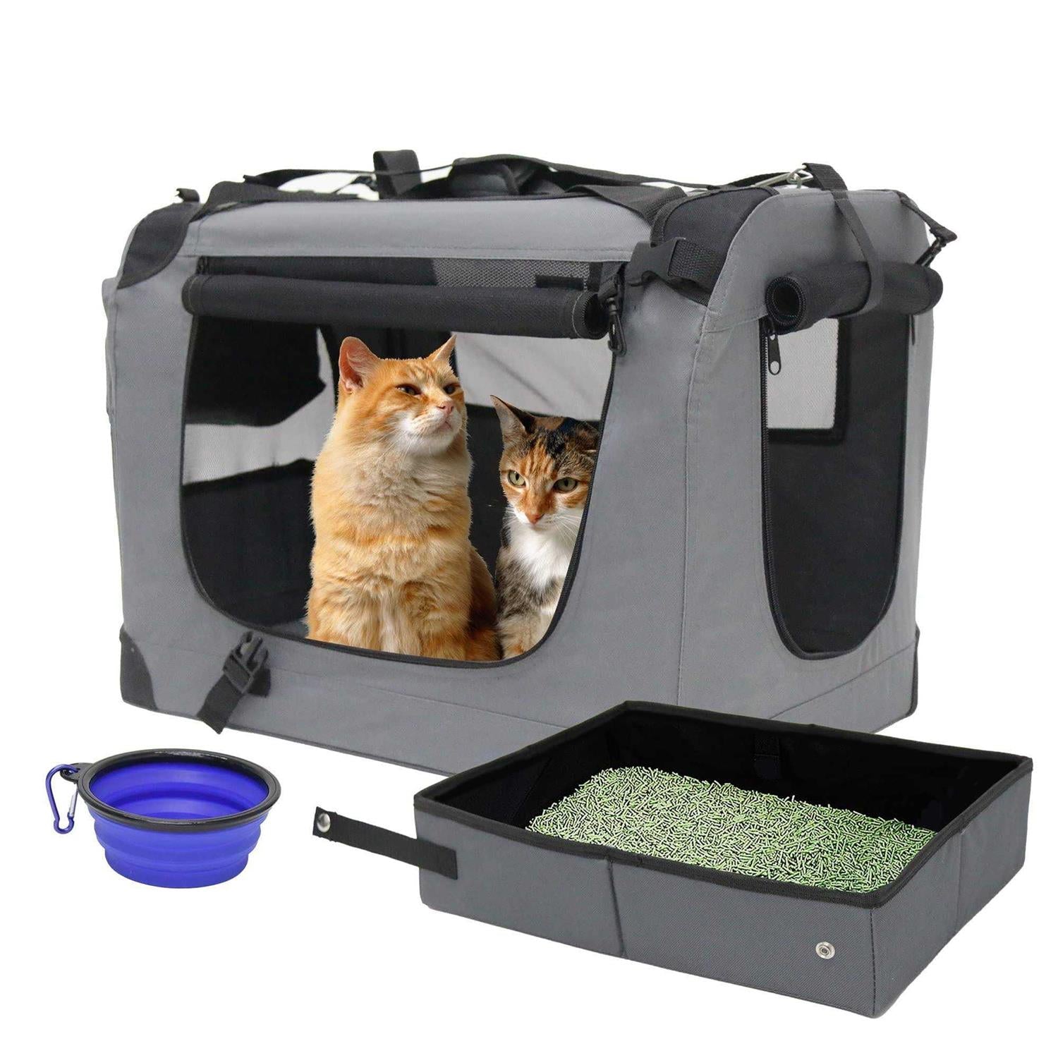 Large Soft-Sided Portable Cat Carrier with Collapsible Litter Box and Bowl Y8819