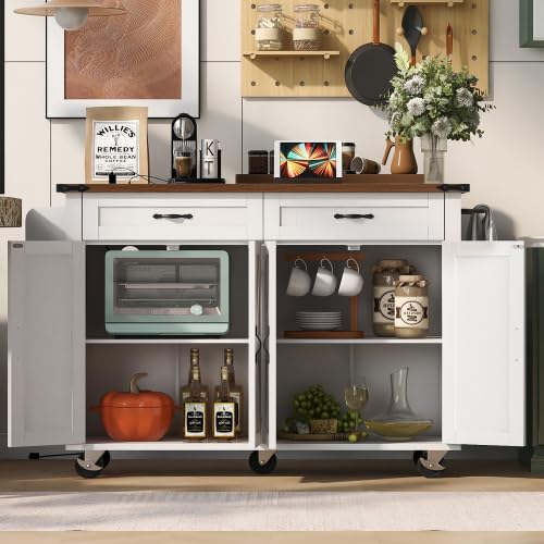 Black Kitchen Island with Storage Cabinet on Wheels, 53.5'' Mobile Kitchen Cart with Power Outlet, Drop Leaf, Spice Rack and Drawer M692