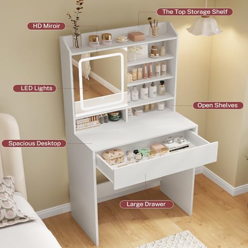White Small Vanity Desk with Mirror and Lights, 1 Drawer & 3 Shelves D724