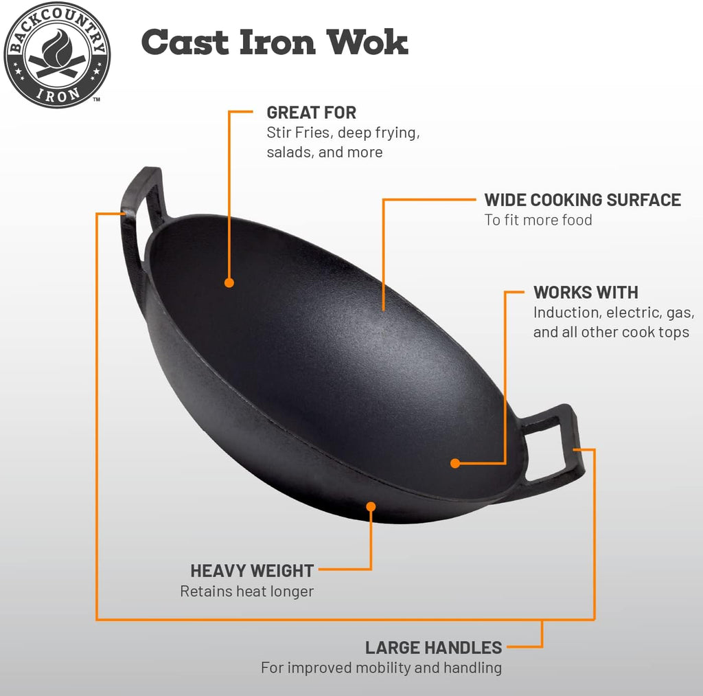 14 inch Cast Iron Wok with Flat Base and Handles I2551