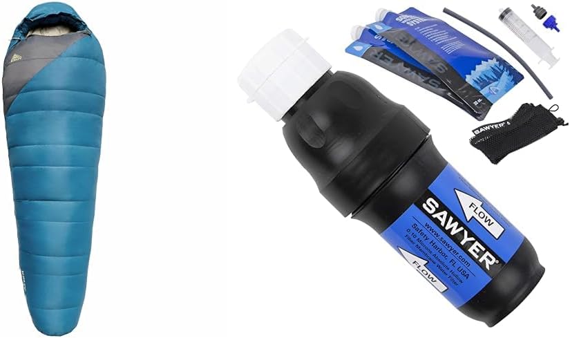 20 Degree 550 Down Fill Sleeping Bag and Water Filtration System with Pouches and Accessories Backpacking Bundle Q213968