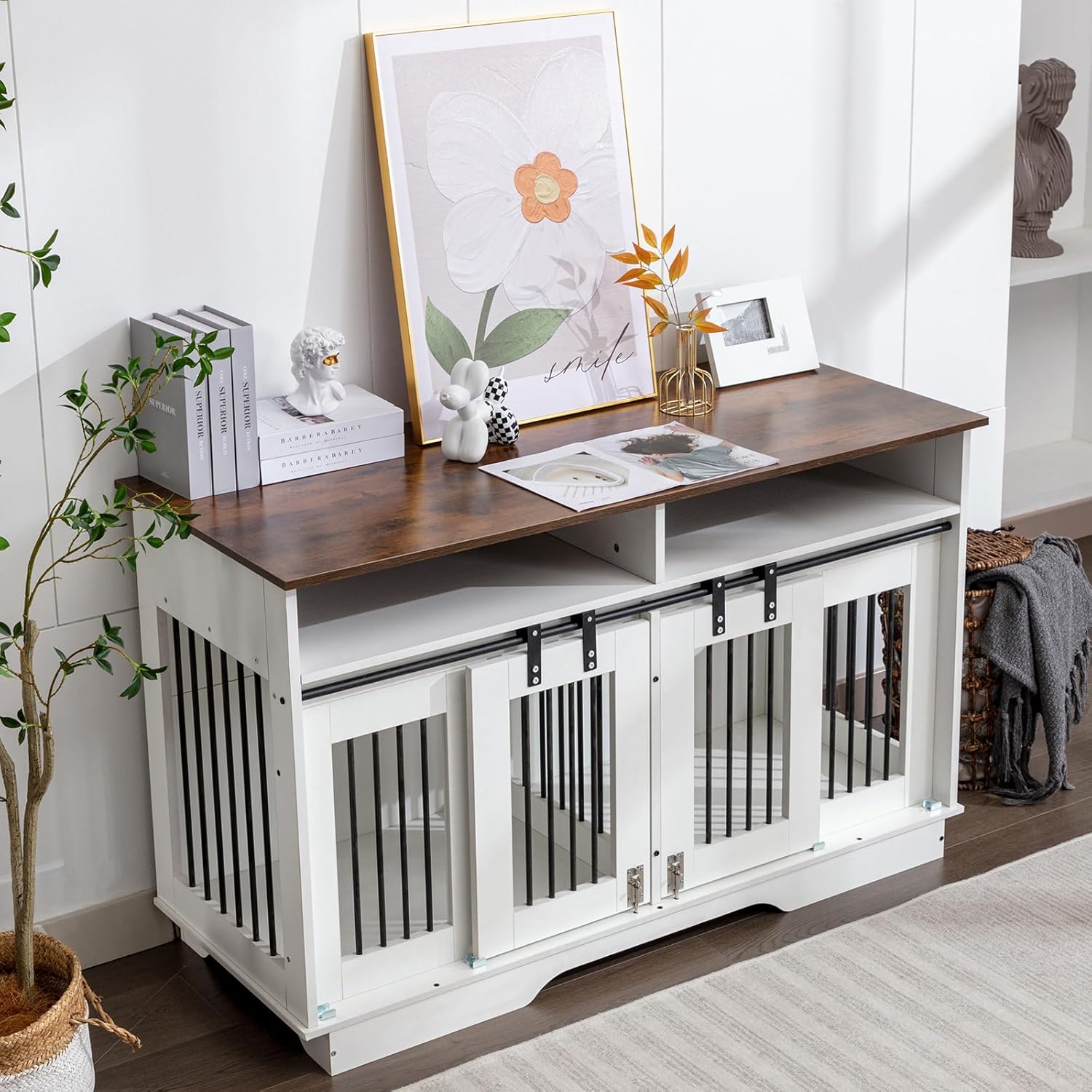 White Wooden Double Dog Crate Furniture with Drawers A98359