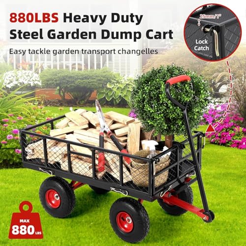 880 lb 10-inch tire steel garden cart with 4-side removable mesh and 180° swivel handle T802023