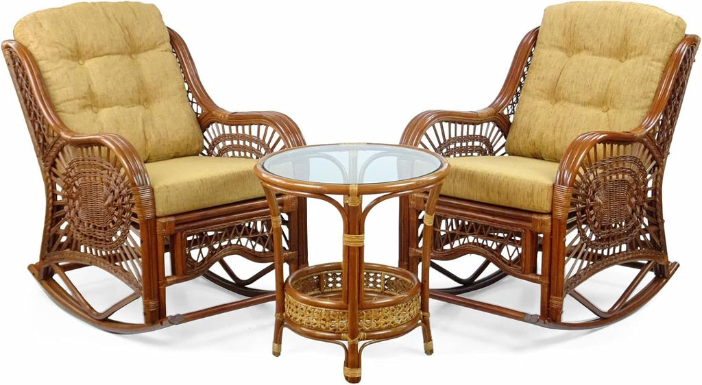 Natural Rattan Set of 2 Rocking Lounge Chairs with Light Brown Cushions and Round Coffee Table with Glass B162