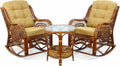 Natural Rattan Set of 2 Rocking Lounge Chairs with Light Brown Cushions and Round Coffee Table with Glass B162