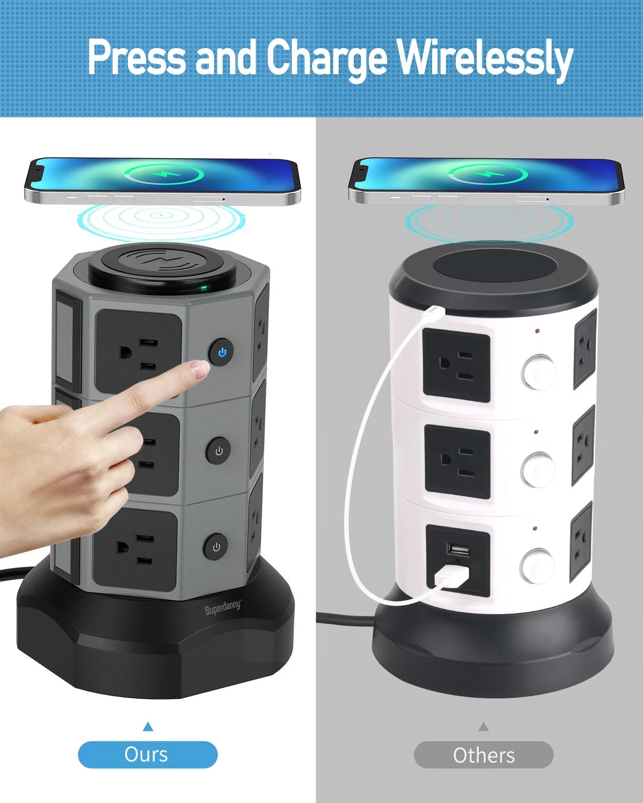 12 AC Outlet 6.5FT Surge Protector Power Strip Tower with USB Ports A710078