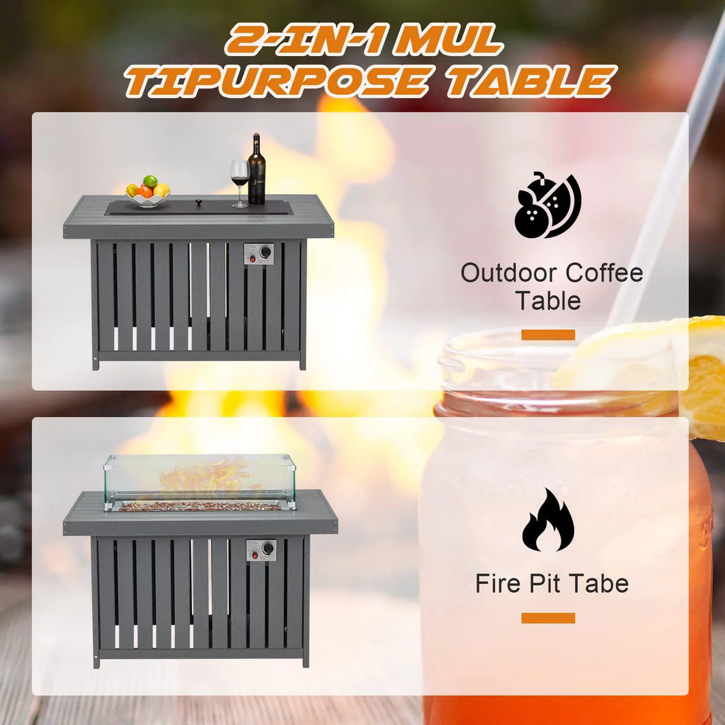 Gray 43 Inch HDPE Propane Fire Pit Table with Lid and Fire Glass J7544