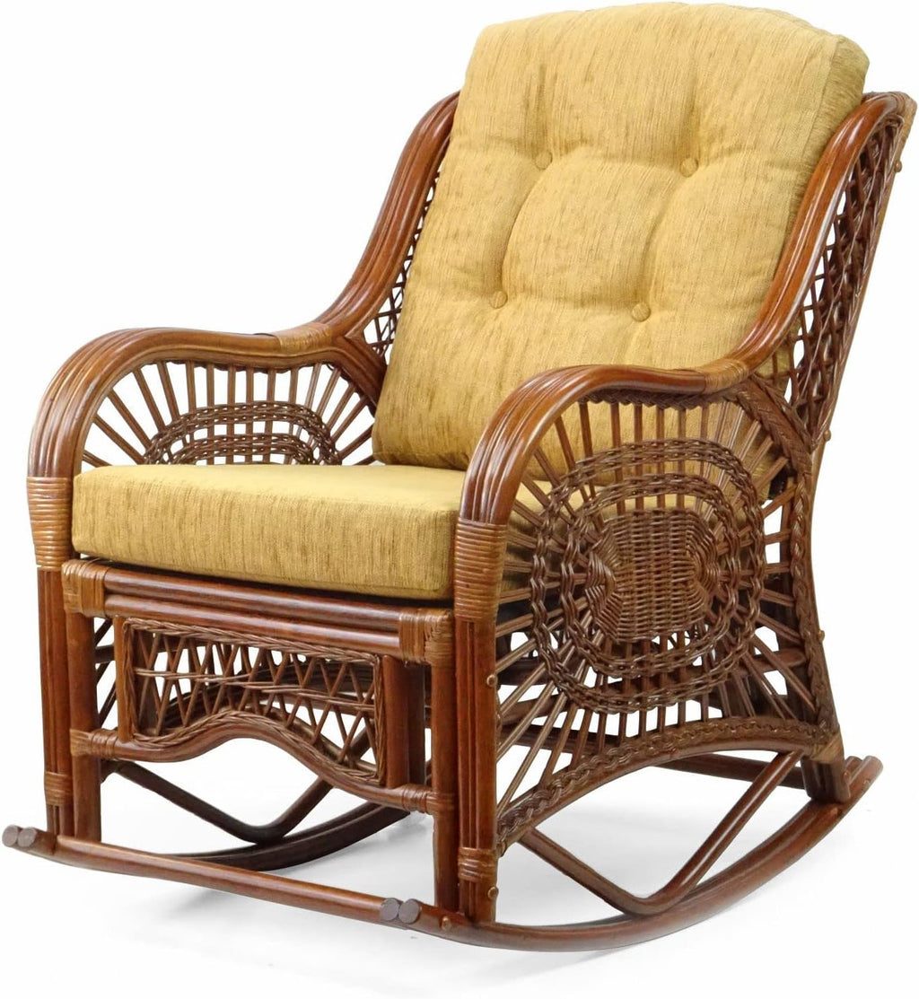 Natural Rattan Set of 2 Rocking Lounge Chairs with Light Brown Cushions and Round Coffee Table with Glass B162