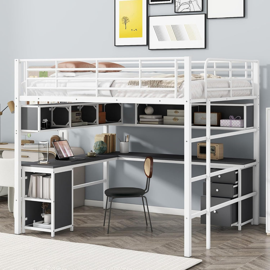 Full Size Metal Loft Bed with Bookcase and Desk N3752