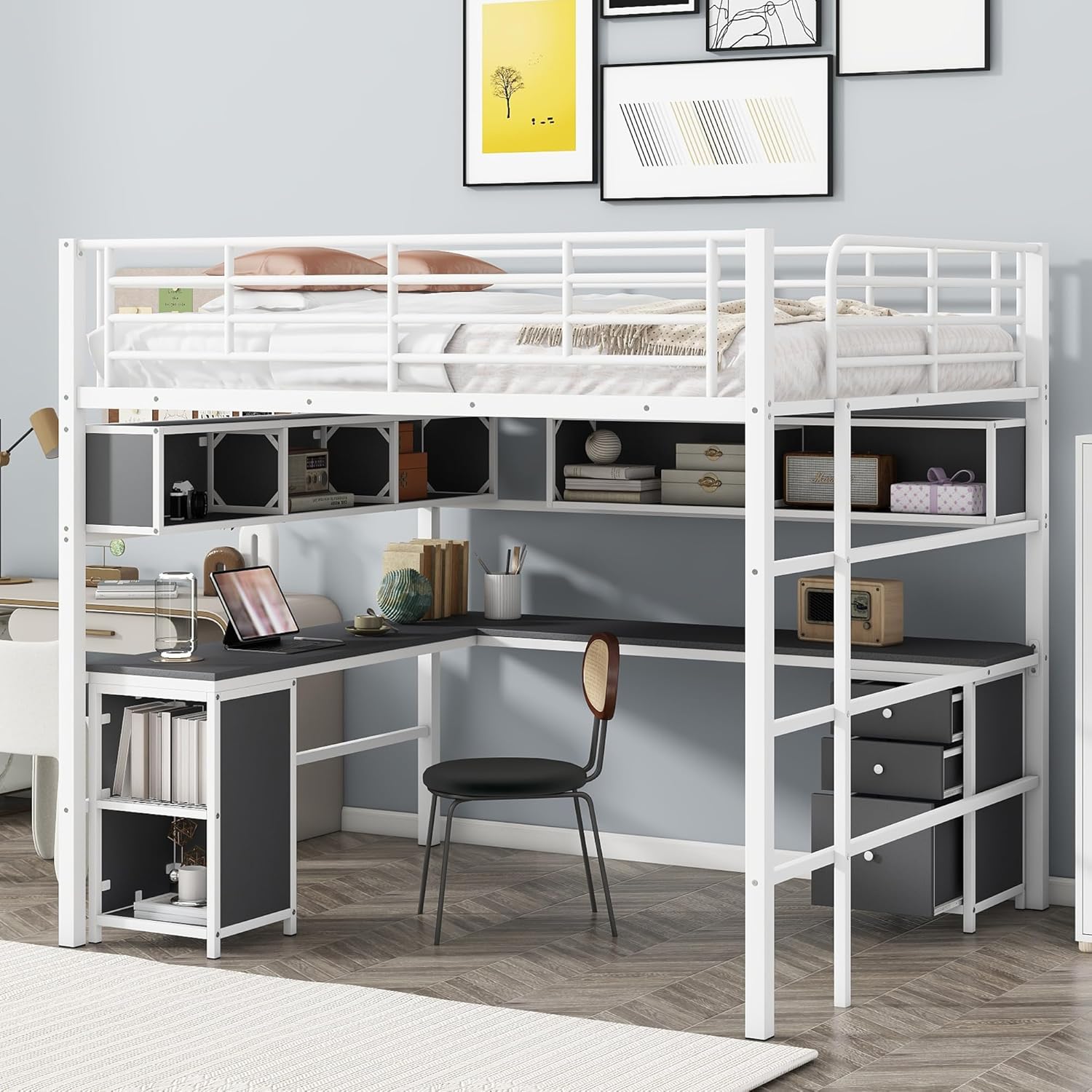 Full Size Metal Loft Bed with Bookcase and Desk N3752