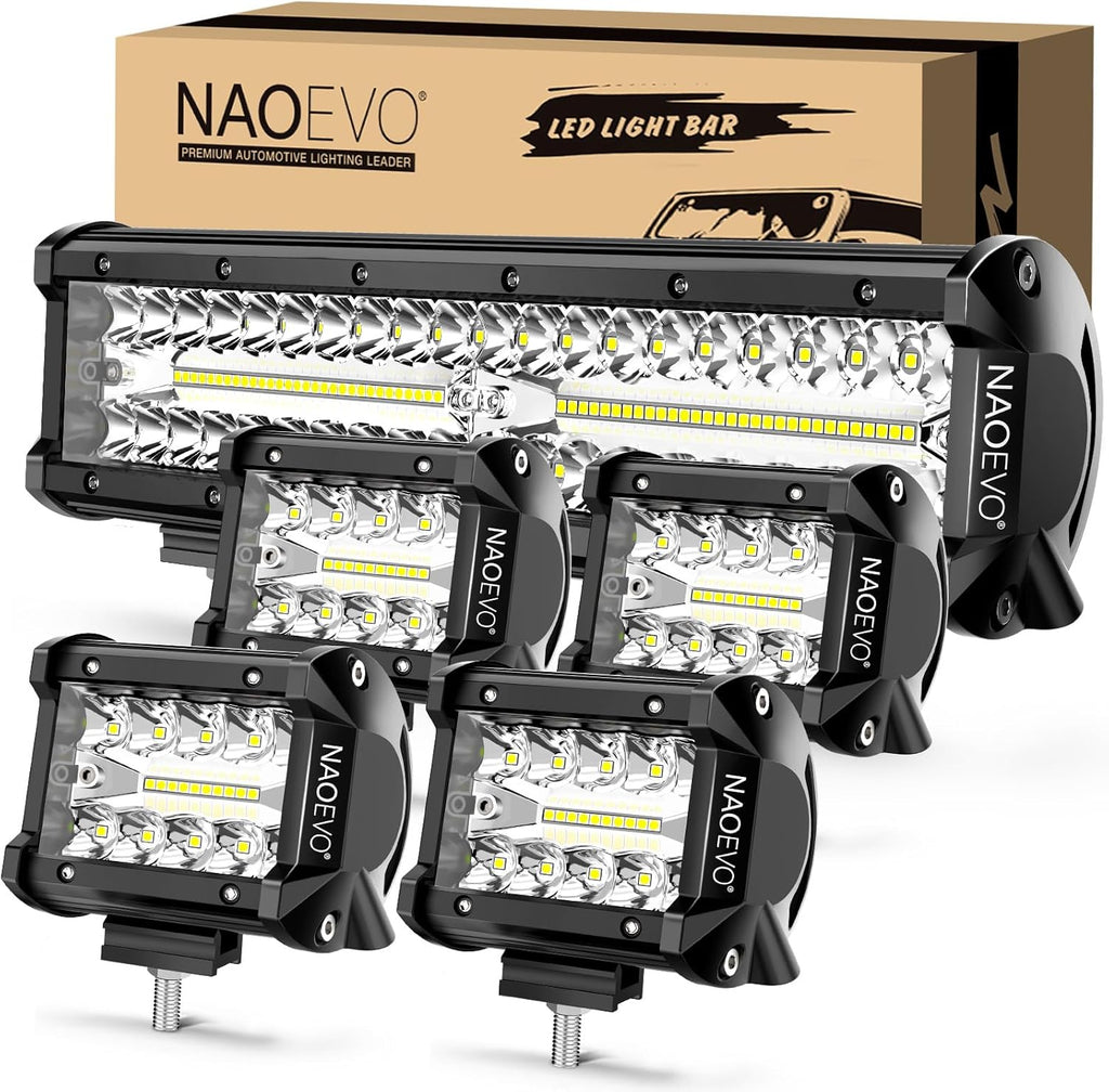 12 Inch LED Light Bar and 4PCS 4 Inch LED Pod Lights, 54000LM Triple Row Spot Flood Combo LED Light Bar I433974
