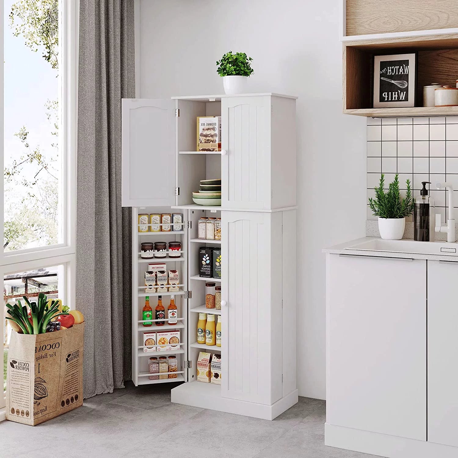 White Tall Kitchen Pantry Storage Cabinet with Doors and Shelves J824