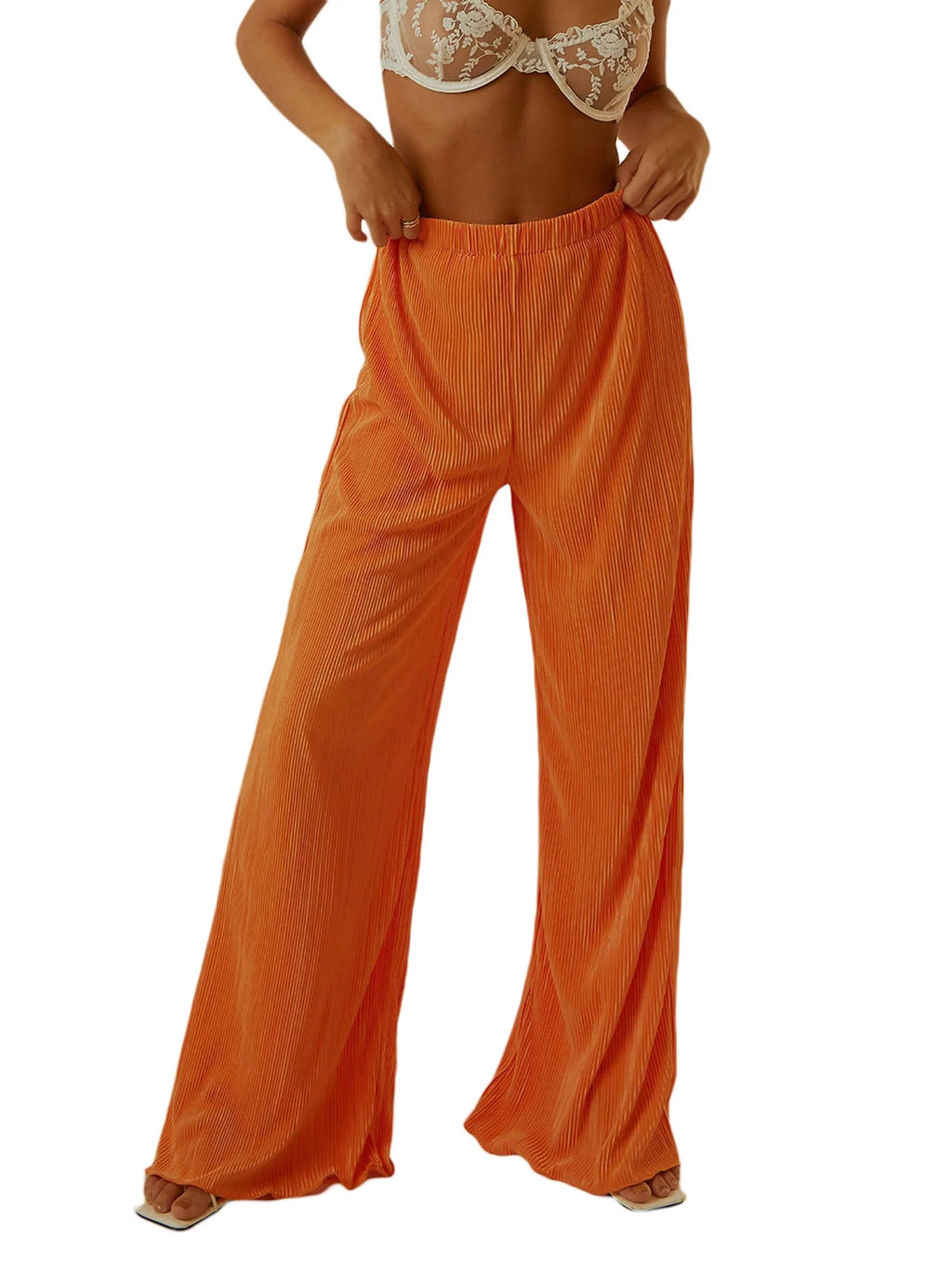 Women Casual Solid Colour Loose Fit Elasticated Waist Long Trouser with Pockets X48740