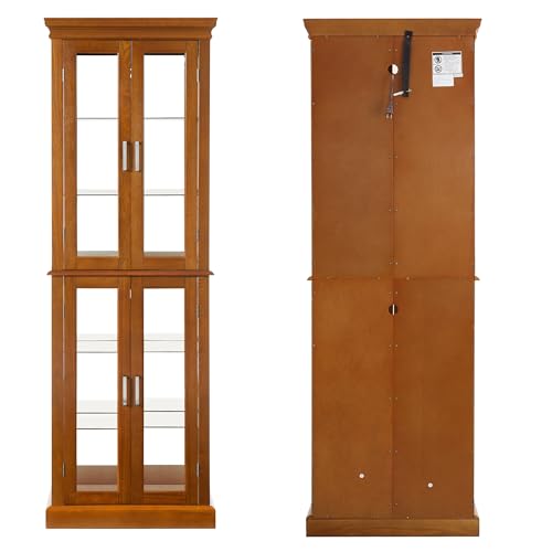 Oak Glass Display Cabinet with Lighted Mirrored Back Panel and Adjustable Shelves T615063