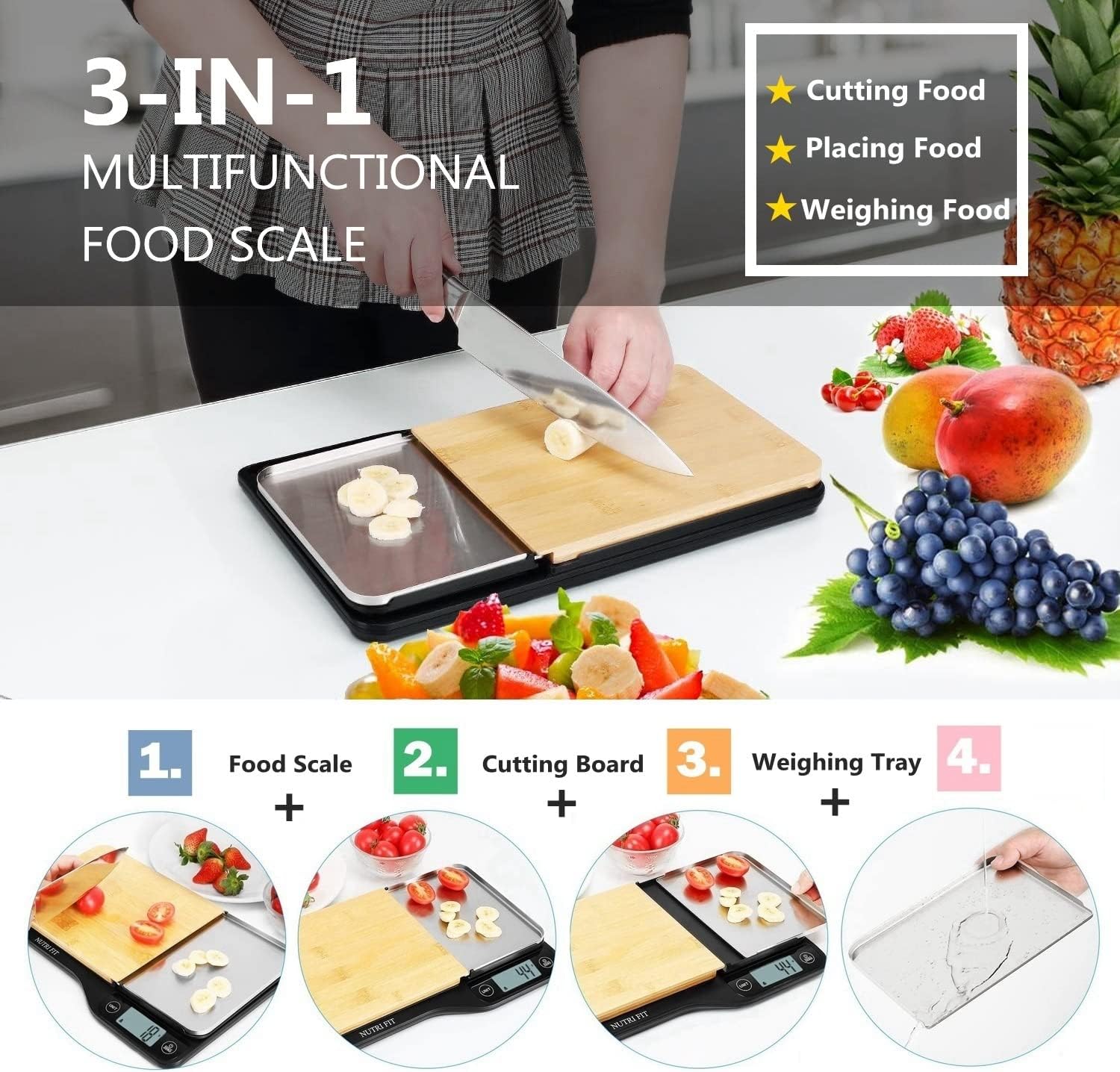 3 in 1 Digital Kitchen Scale with Removable Cutting Board & Tray B5769