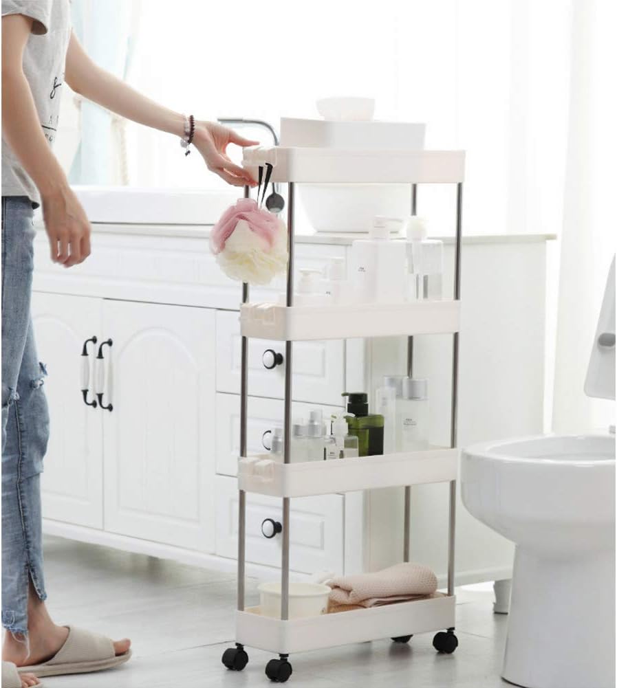 4 Tier Narrow Sliding Storage Organizer Rack Rolling Cart (White) R2673