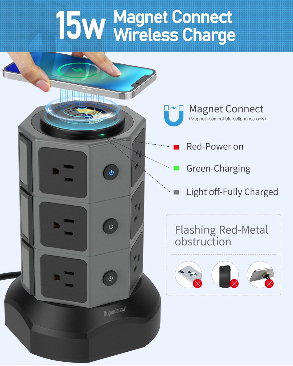 12 AC Outlet 6.5FT Surge Protector Power Strip Tower with USB Ports A710078