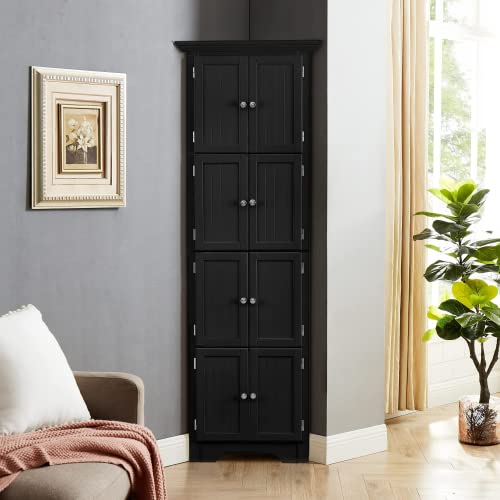 Black Tall Corner Storage Cabinet with Doors and 4 Shelves U4649