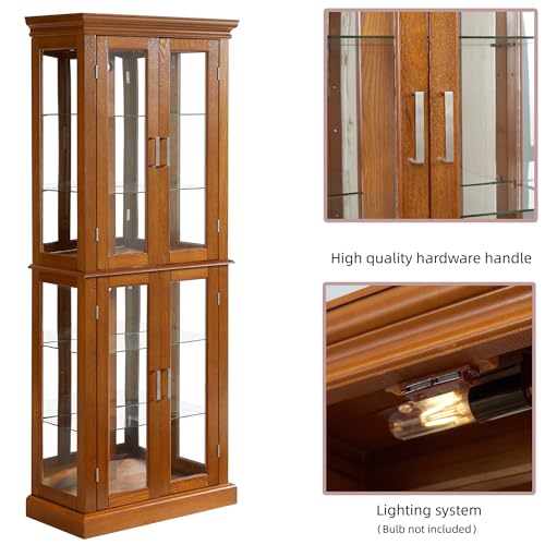Oak Glass Display Cabinet with Lighted Mirrored Back Panel and Adjustable Shelves T615063