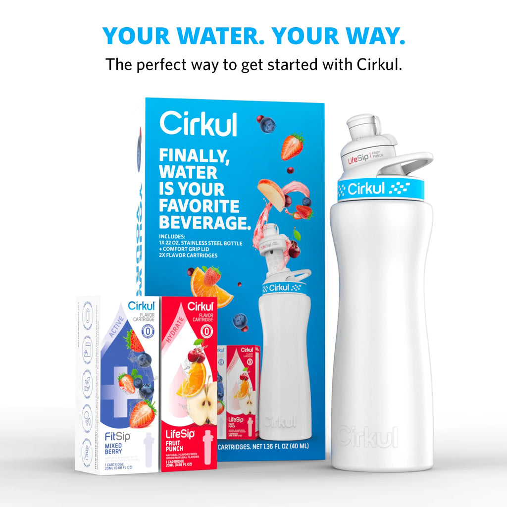 22oz White Stainless Steel Water Bottle with Blue Lid and 2 Flavor Cartridges B281