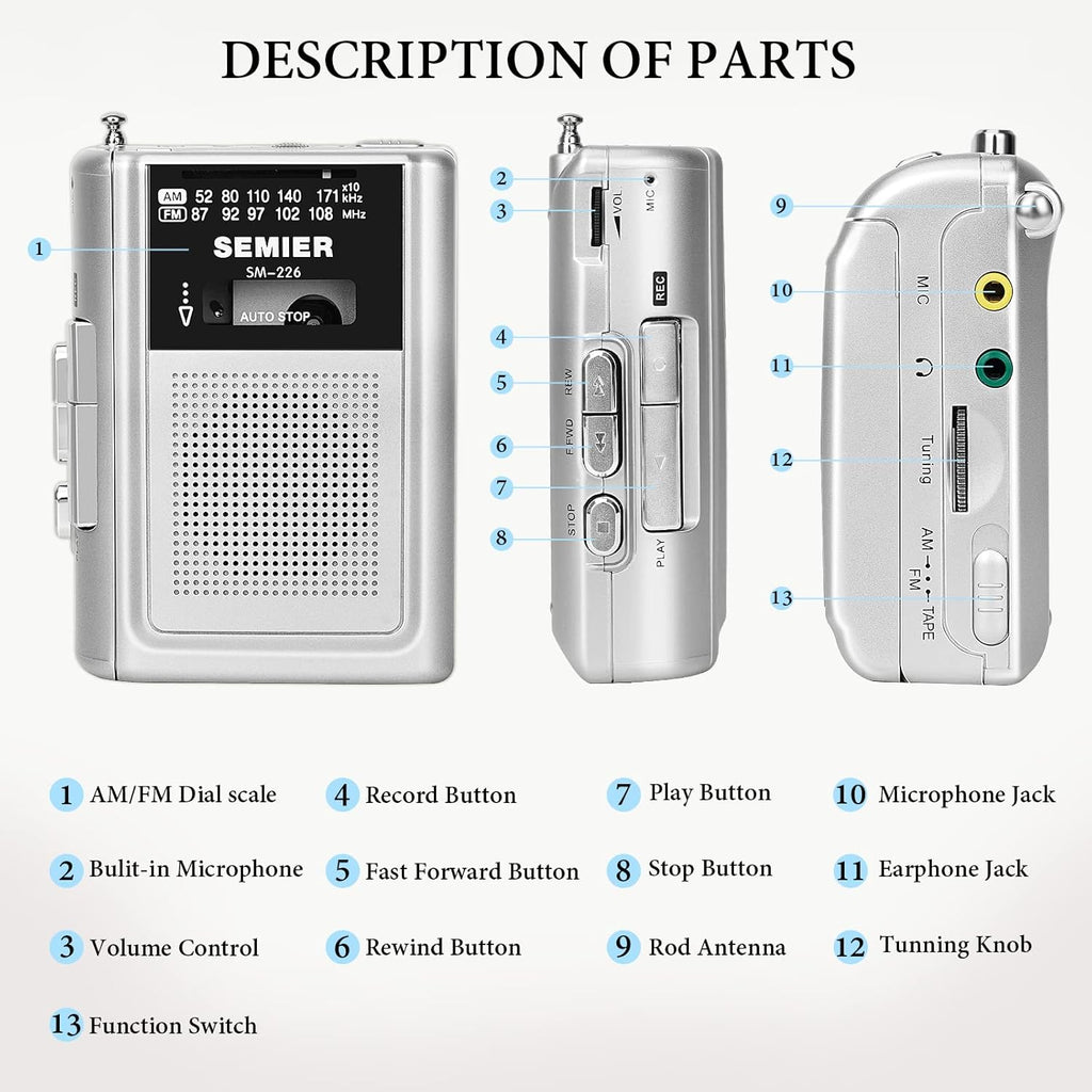 Silver Portable Cassette Player Recorder AM FM Radio Stereo with Built in Speaker and Earphones Q45383