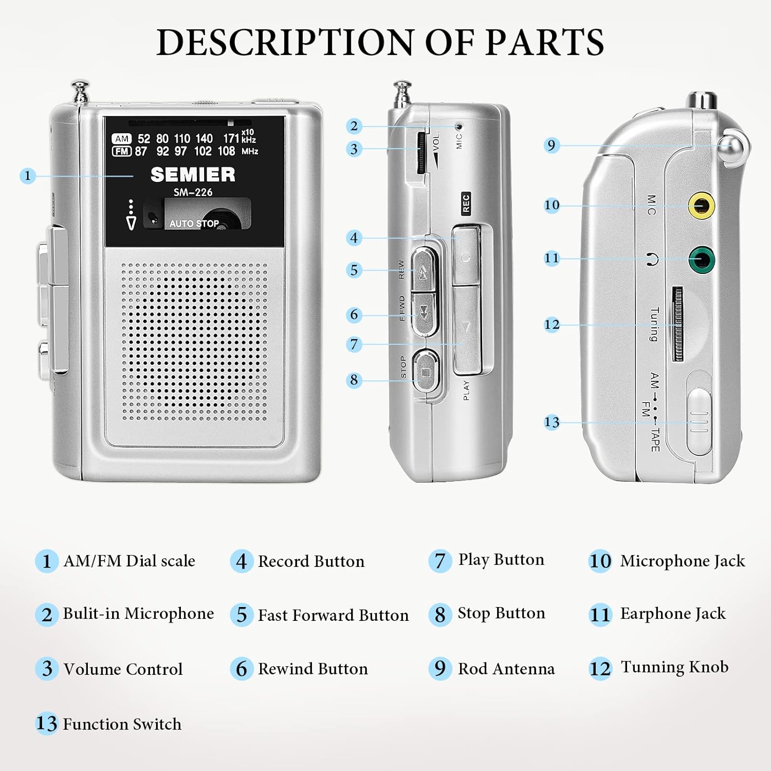 Silver Portable Cassette Player Recorder AM FM Radio Stereo with Built in Speaker and Earphones Q45383