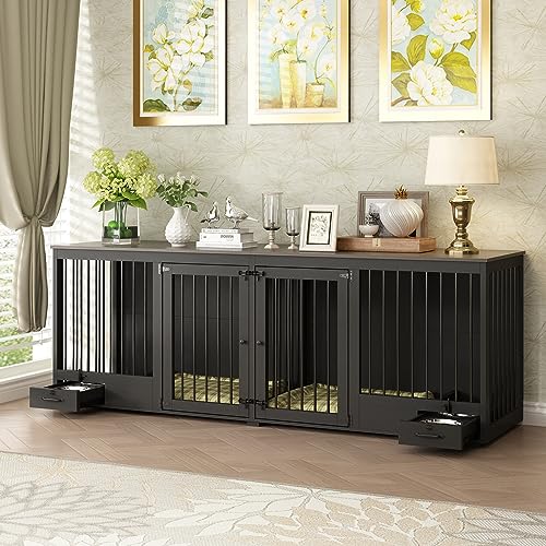 White 86.6" Heavy Duty Wooden Dog Kennel with Dog Bowl Drawers & Divider Y645
