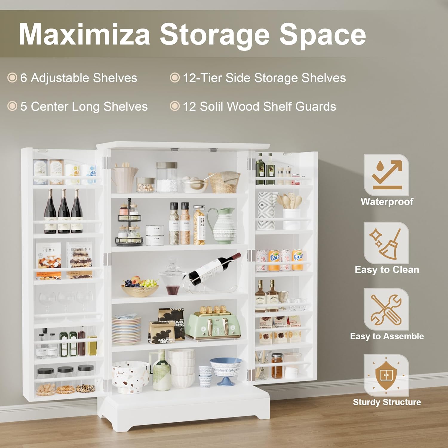 White Kitchen Pantry Storage Cabinet with Doors and Adjustable Shelves L136