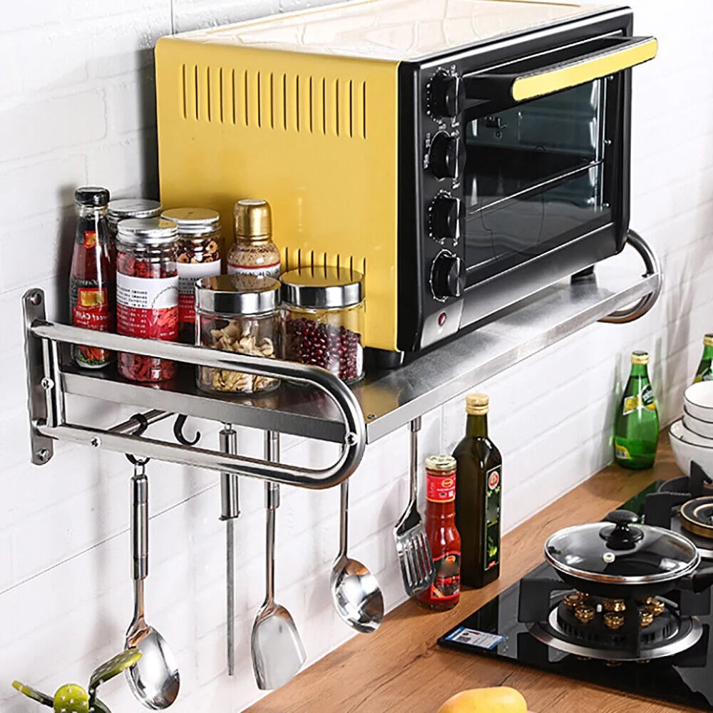 Stainless Steel Wall-Mount Microwave Oven Rack with 6x Hooks S889994