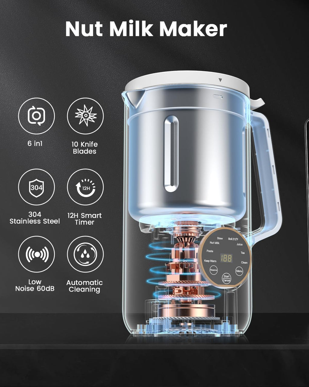 6 IN 1 Nut Milk Maker Machine, 28 oz Soy Milk Maker with 10 Blades 12H Timer Self-Cleaning T857848