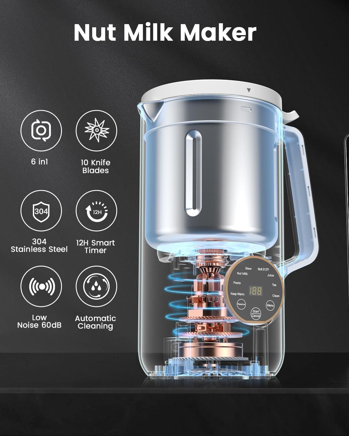 6 IN 1 Nut Milk Maker Machine, 28 oz Soy Milk Maker with 10 Blades 12H Timer Self-Cleaning T857848