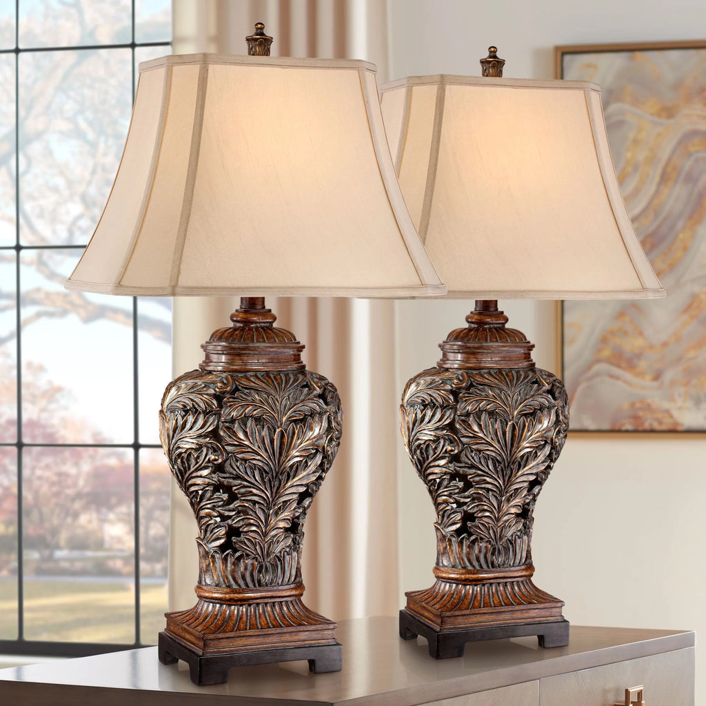 Traditional Table Lamps 32.5" Tall Set of 2 Bronze Tan Rectangular Shade D707
