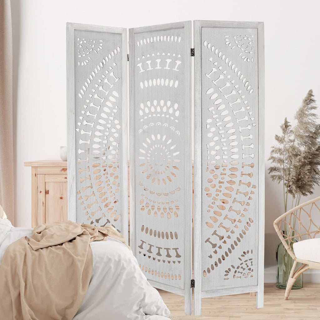 3 Panel Carved Wood Room Divider, 5.6ft Tall Folding Privacy Screen (White) H8638