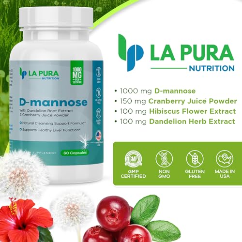 D-mannose 1000 mg Supplement with Cranberry Juice Powder, Hibiscus Flower & Dandelion Herb Extract, 60 Capsules K7462