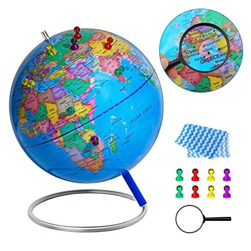 13" World Globe with Stand, Stainless Steel Stand, Blue D740