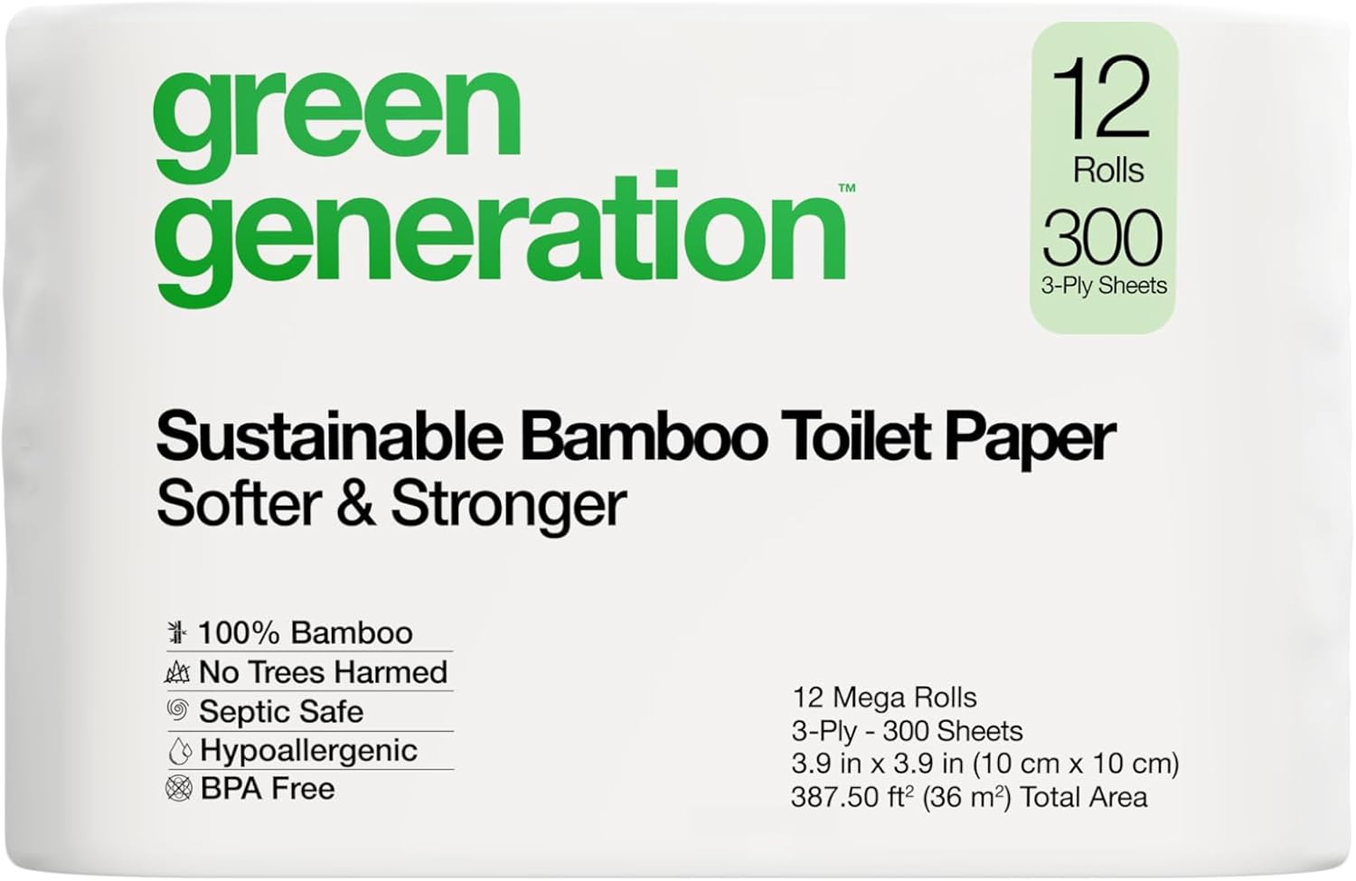 Bamboo Toilet Paper, 3-Ply, 12 Rolls, 300 Sheets/Roll F738