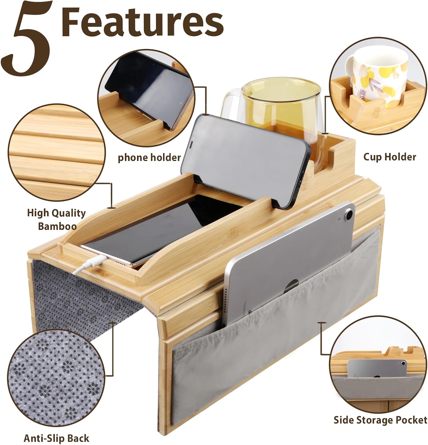 Natural Bamboo Couch Cup Holder Tray with Side Storage Pocket Z62163