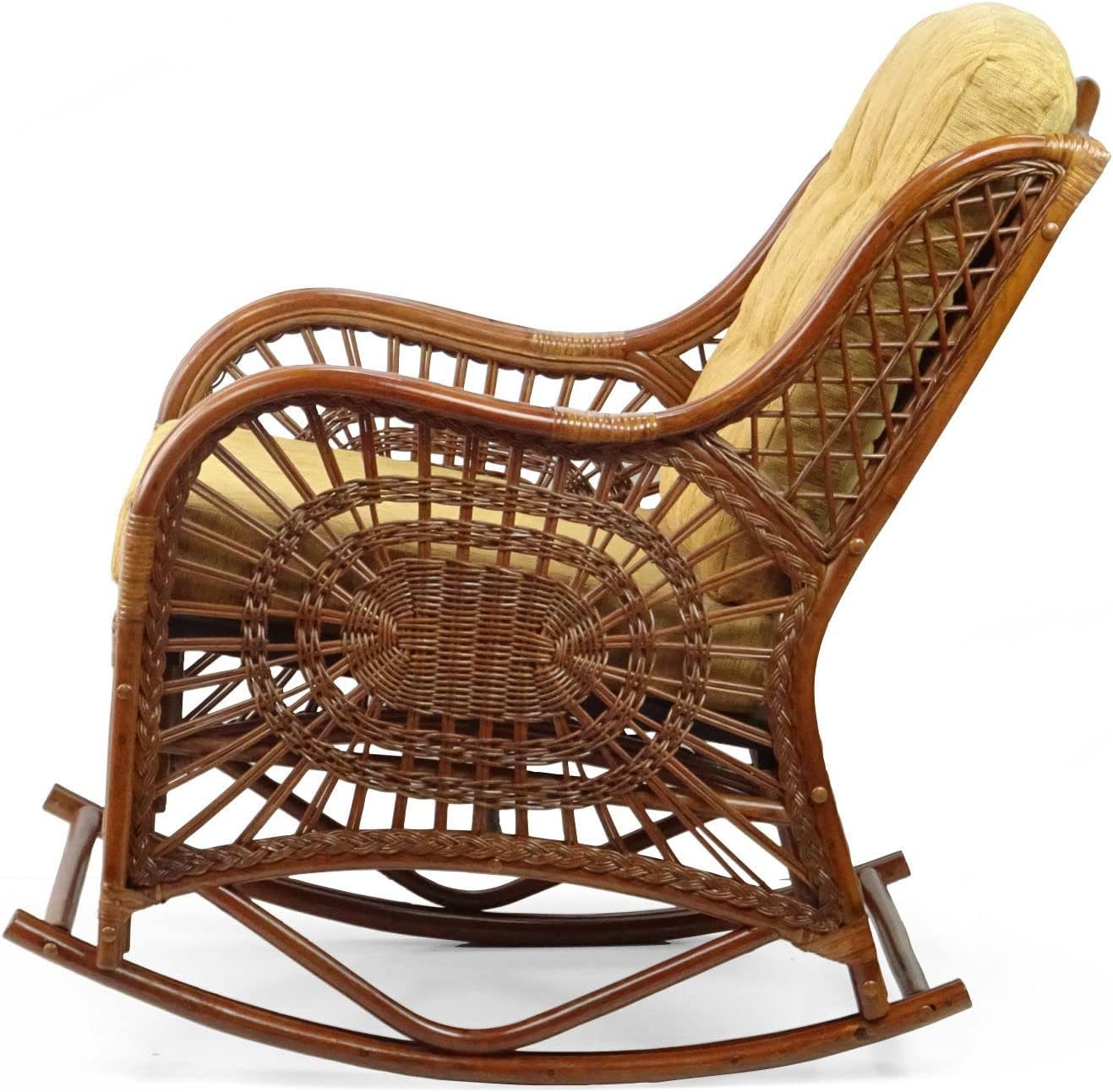 Natural Rattan Set of 2 Rocking Lounge Chairs with Light Brown Cushions and Round Coffee Table with Glass B162