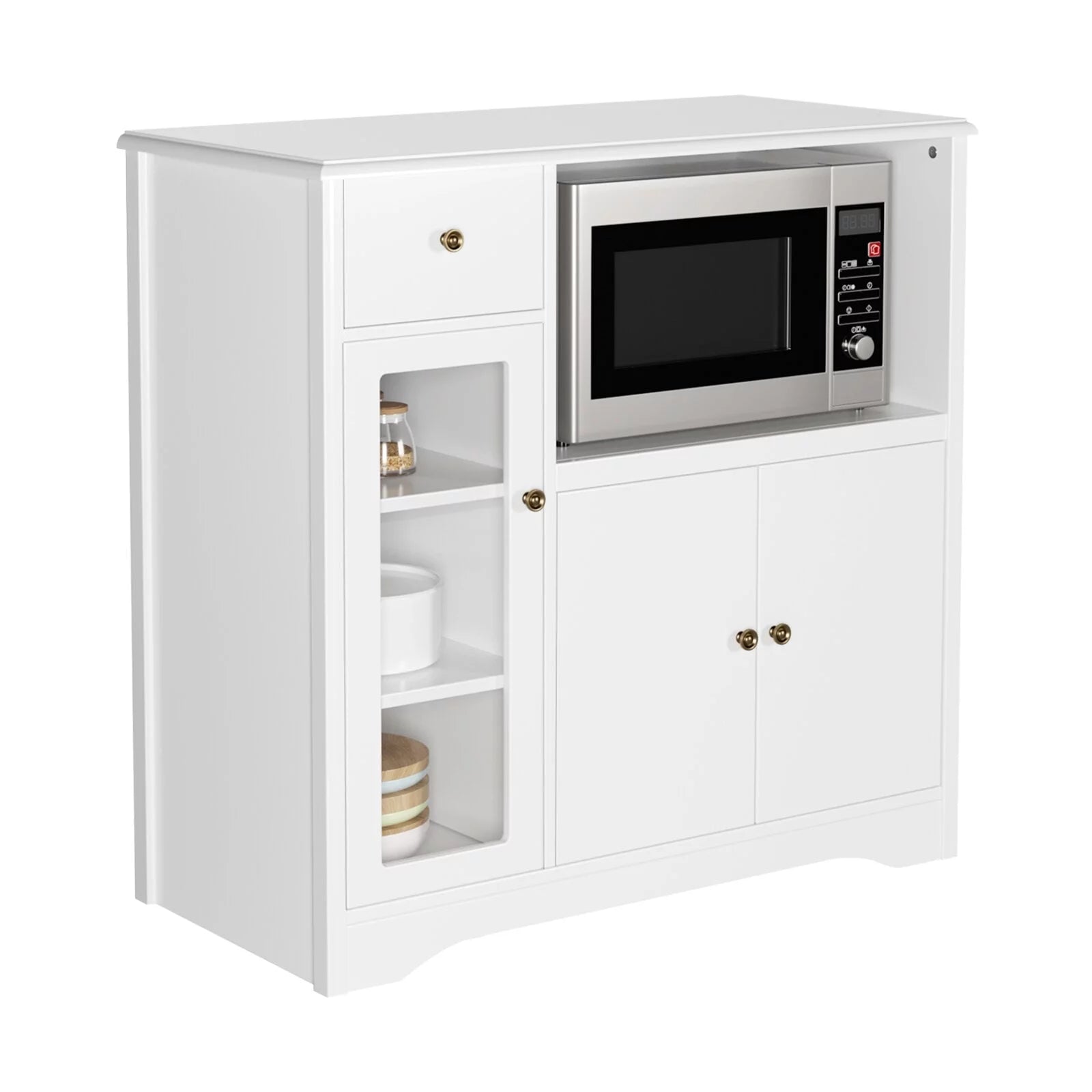 White Microwave Cabinet with Hutch and Adjustable Shelves and Drawer L617861