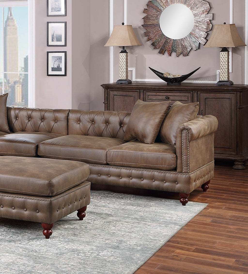 Dark Coffee Leatherette Solidwood Sectional 4pc Set Reversible Chaise Ottoman Tufted Couch E953500